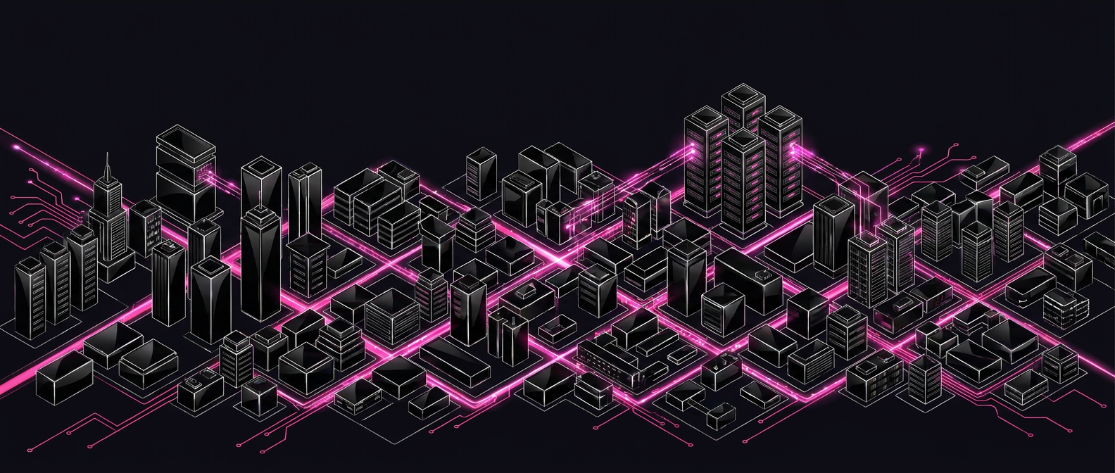 Isometric city blocks and server towers connected by secure links