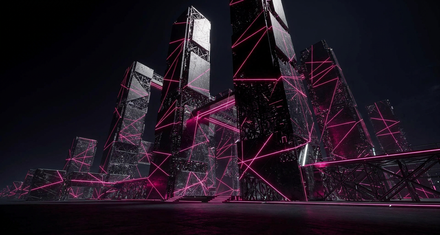 Monolithic stone gate lit by a magenta seam of light
