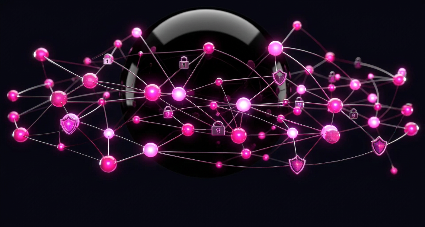 Abstract glossy black network of nodes with glowing magenta links