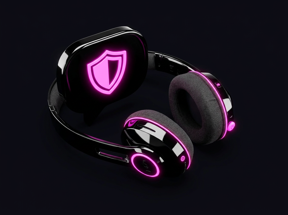 Support headset beside a secure chat bubble with a shield